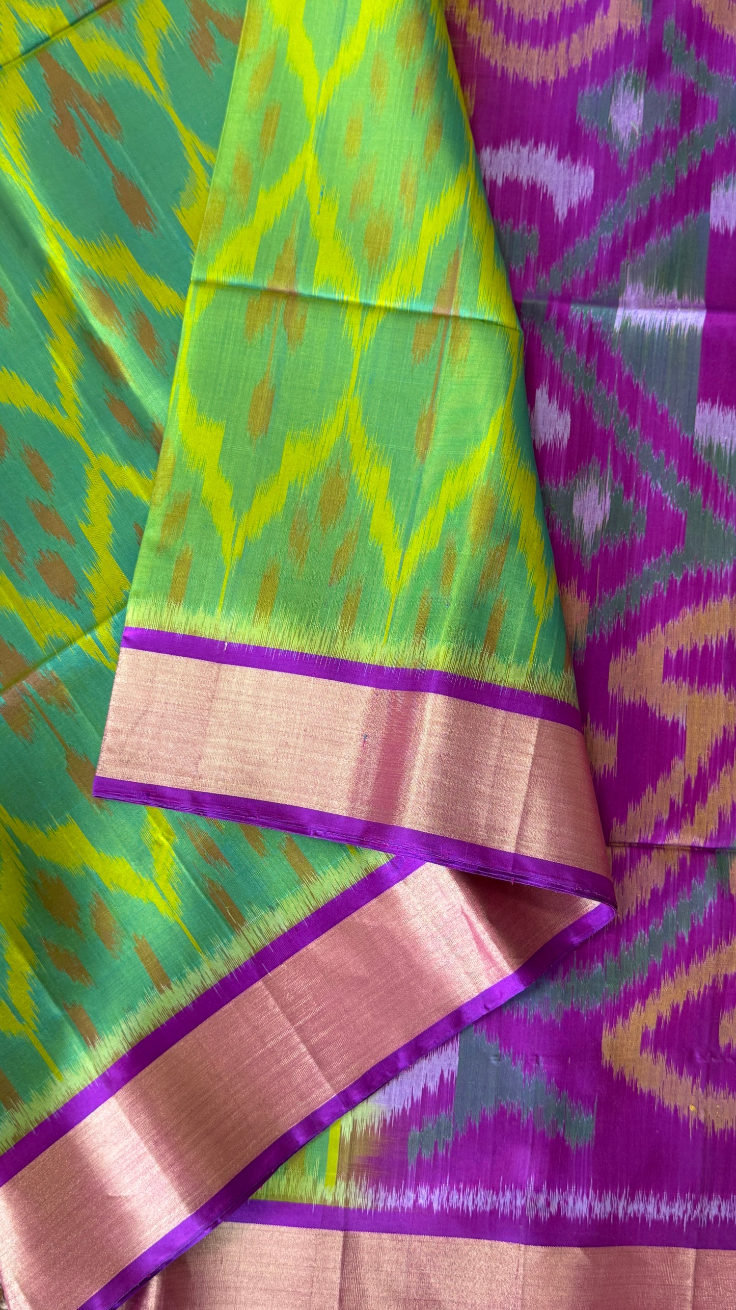 Parrot Green Pure Ikkat Soft Silk Saree with Purple Accents | Silk Mark Certified