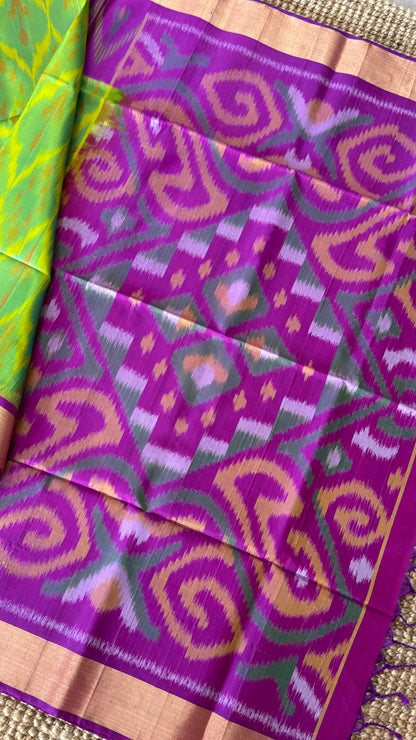Parrot Green Pure Ikkat Soft Silk Saree with Purple Accents | Silk Mark Certified