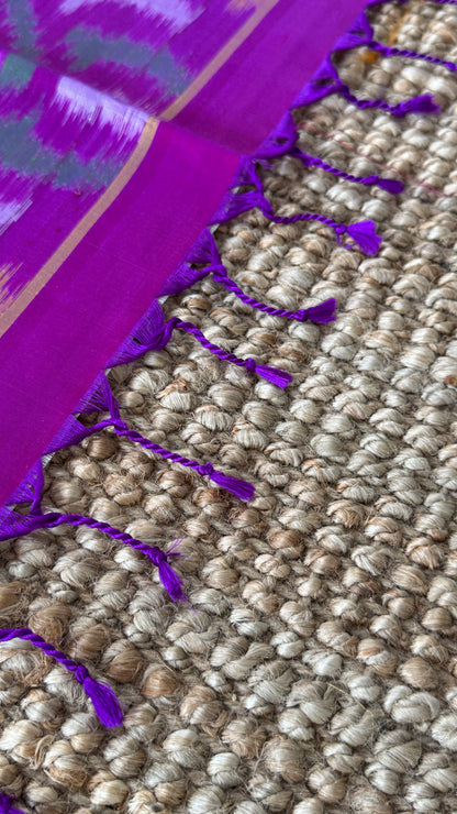 Parrot Green Pure Ikkat Soft Silk Saree with Purple Accents | Silk Mark Certified