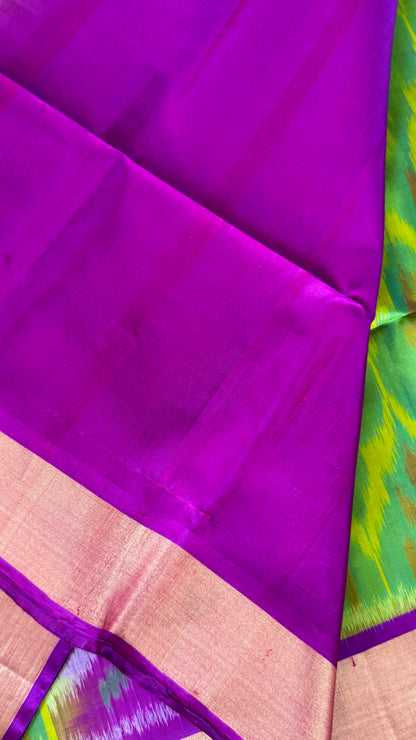 Parrot Green Pure Ikkat Soft Silk Saree with Purple Accents | Silk Mark Certified