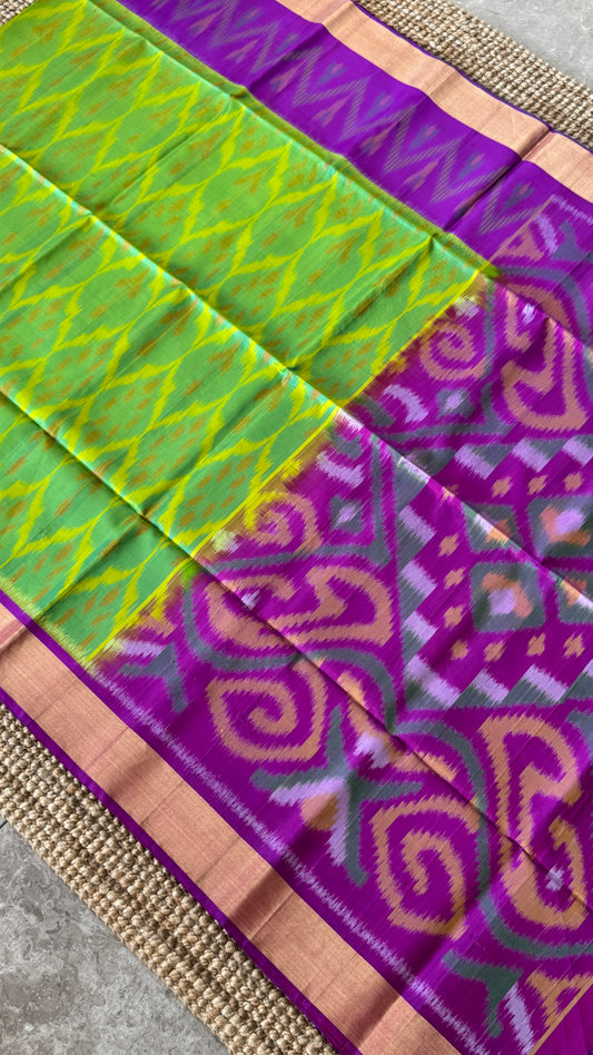 PURE IKKAT SOFT SILK HANDLOOM SAREE – PARROT GREEN BODY WITH PURPLE