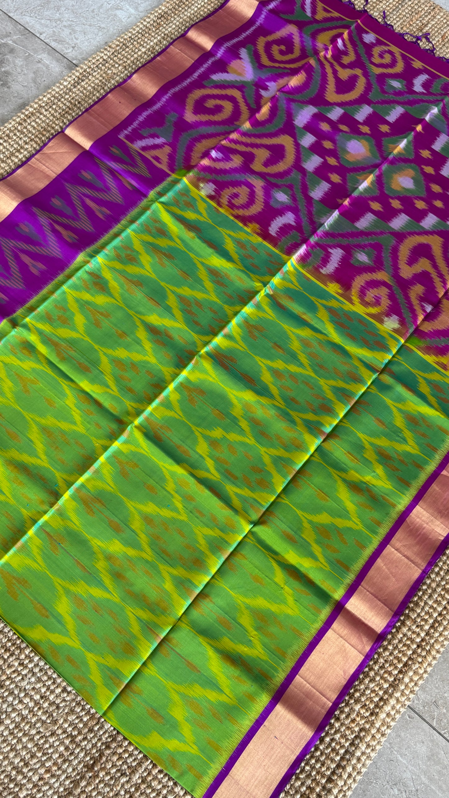 Parrot Green Pure Ikkat Soft Silk Saree with Purple Accents | Silk Mark Certified