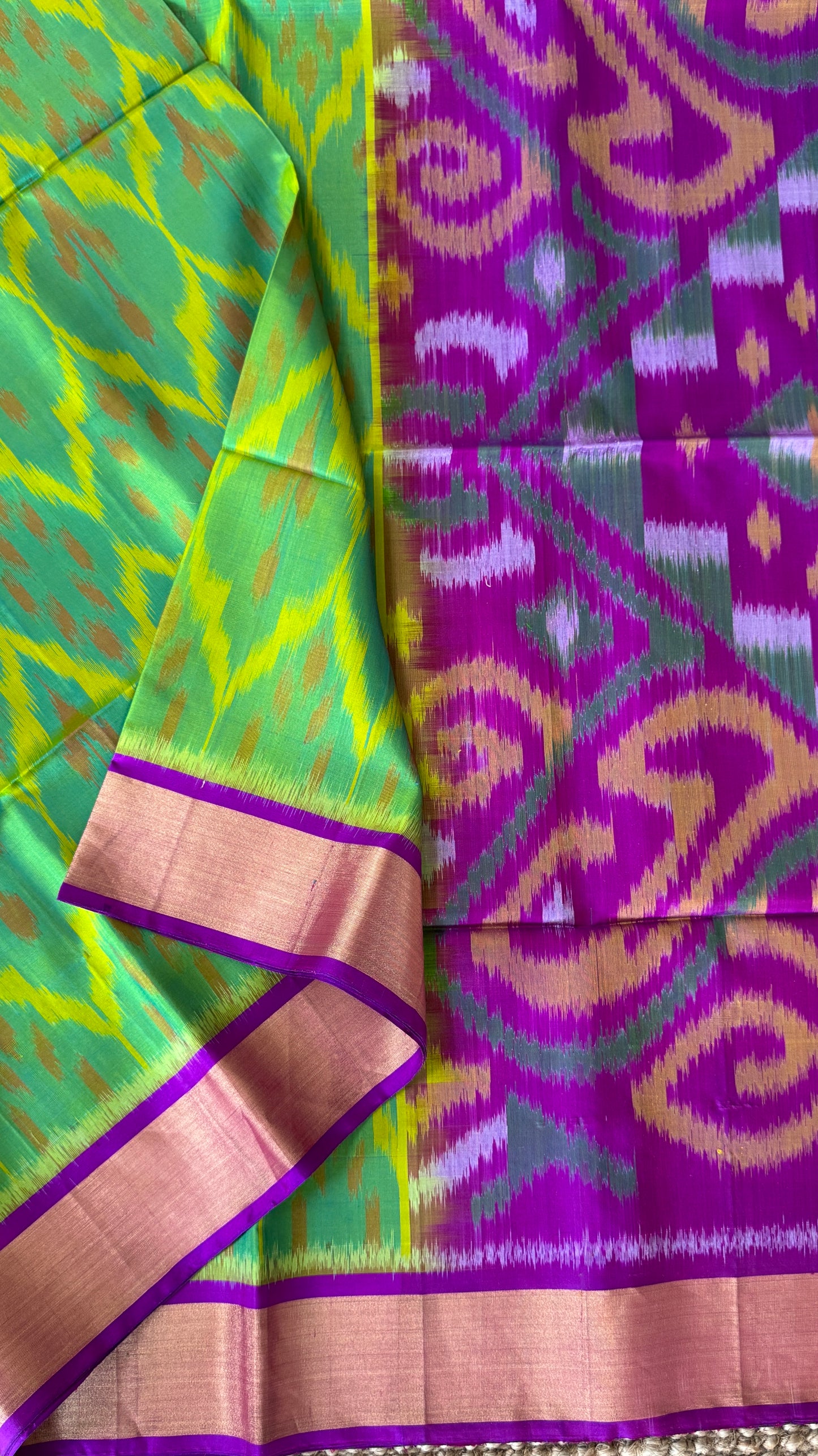 Parrot Green Pure Ikkat Soft Silk Saree with Purple Accents | Silk Mark Certified