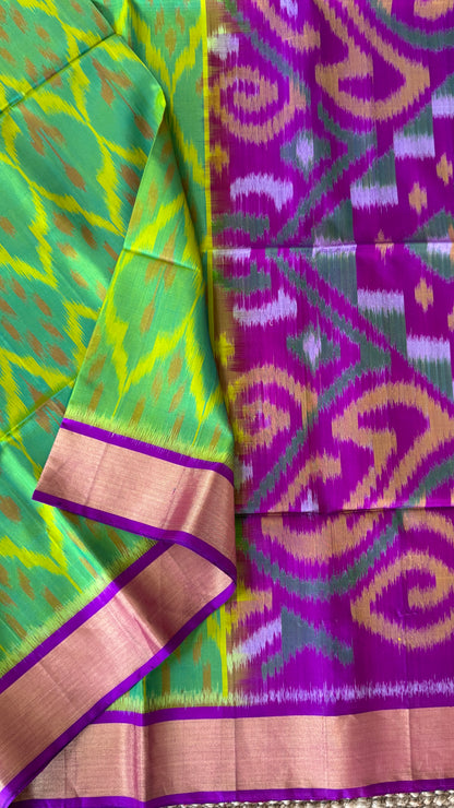 Parrot Green Pure Ikkat Soft Silk Saree with Purple Accents | Silk Mark Certified