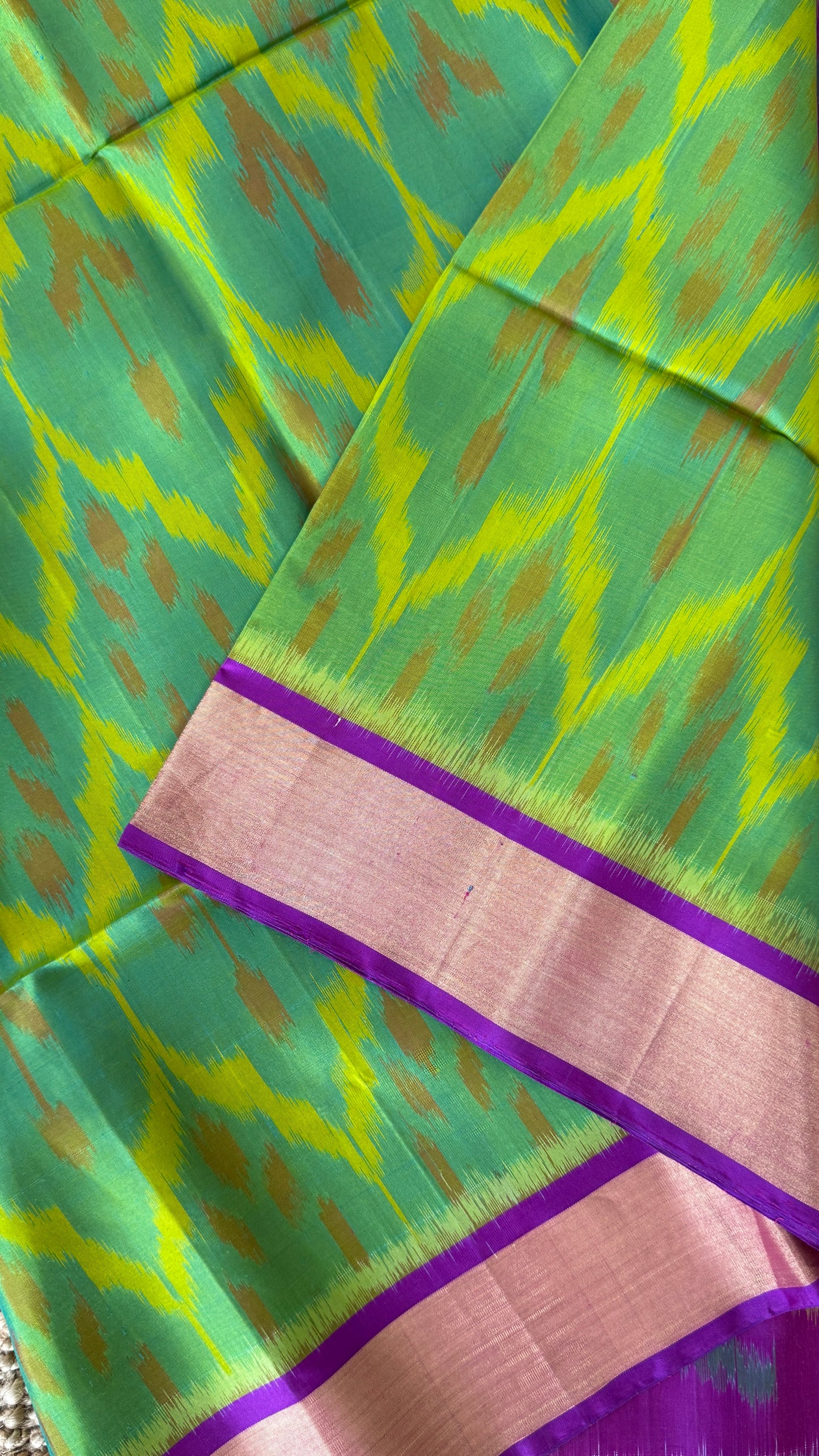 Parrot Green Pure Ikkat Soft Silk Saree with Purple Accents | Silk Mark Certified