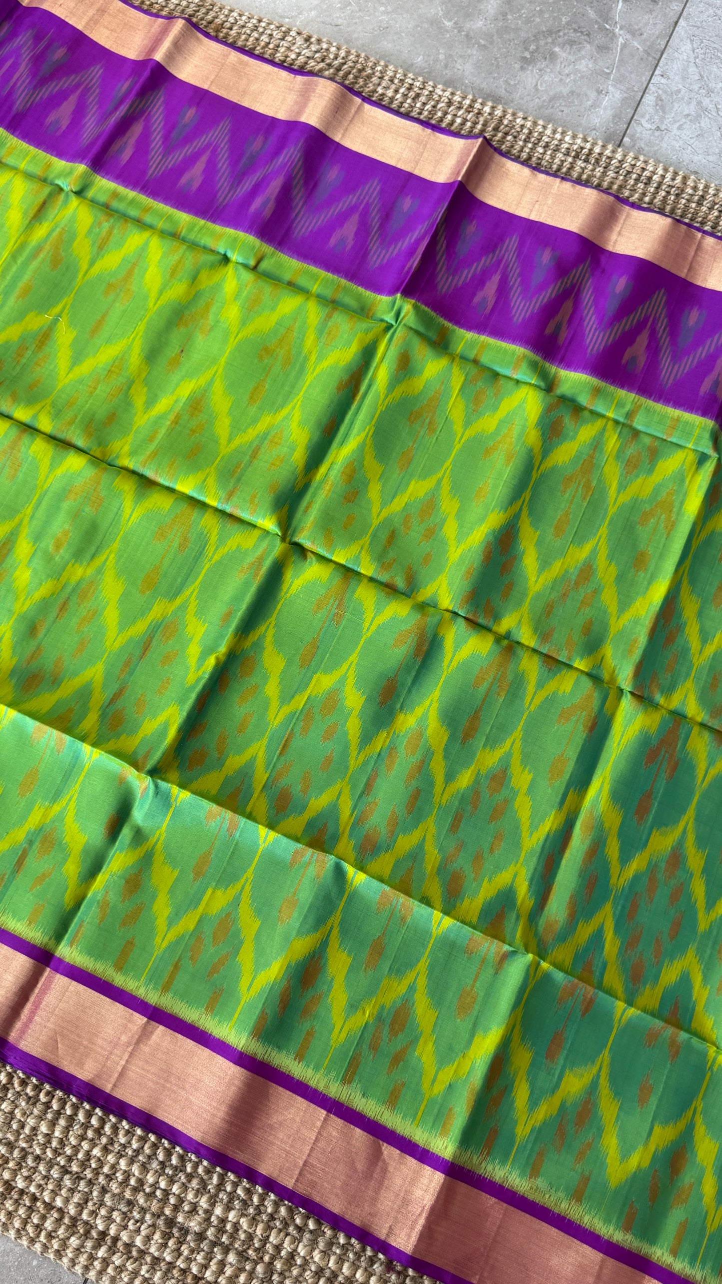 Parrot Green Pure Ikkat Soft Silk Saree with Purple Accents | Silk Mark Certified