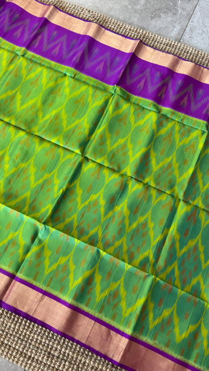 Parrot Green Pure Ikkat Soft Silk Saree with Purple Accents | Silk Mark Certified
