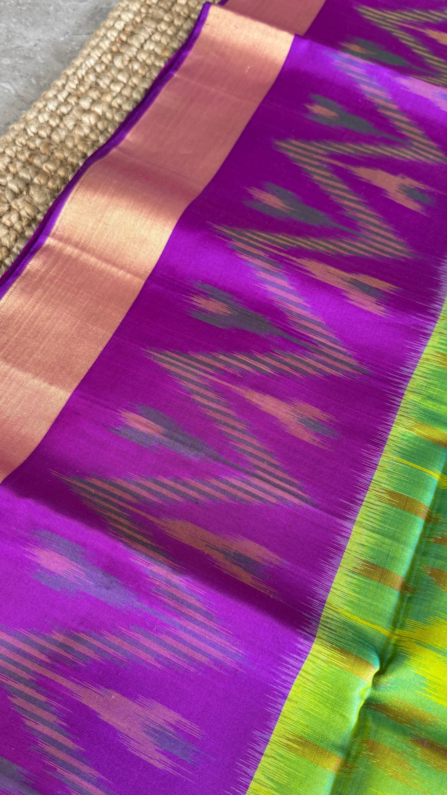 Parrot Green Pure Ikkat Soft Silk Saree with Purple Accents | Silk Mark Certified