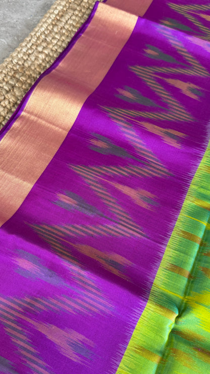 Parrot Green Pure Ikkat Soft Silk Saree with Purple Accents | Silk Mark Certified