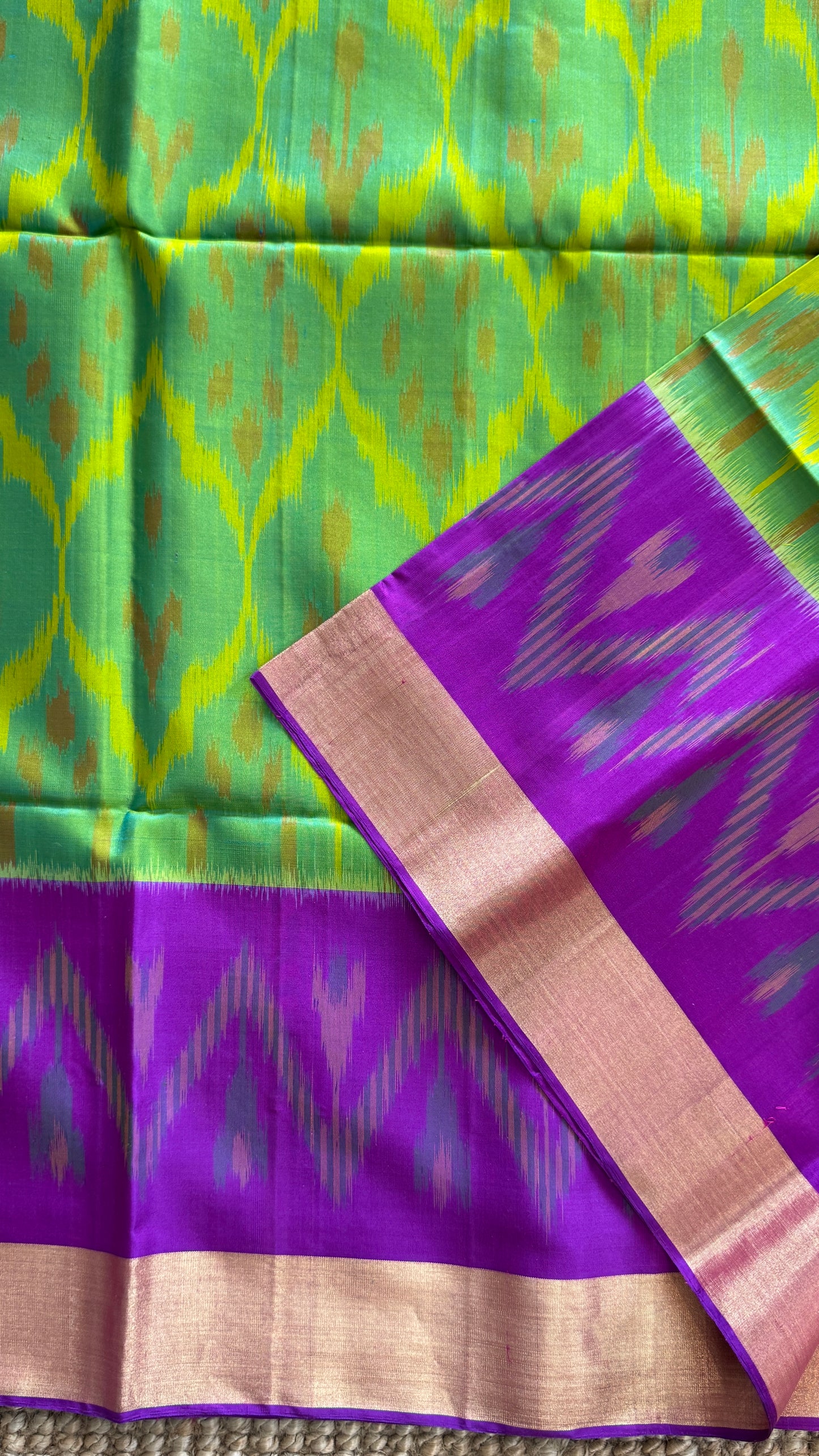 Parrot Green Pure Ikkat Soft Silk Saree with Purple Accents | Silk Mark Certified