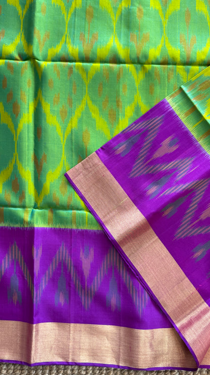 Parrot Green Pure Ikkat Soft Silk Saree with Purple Accents | Silk Mark Certified