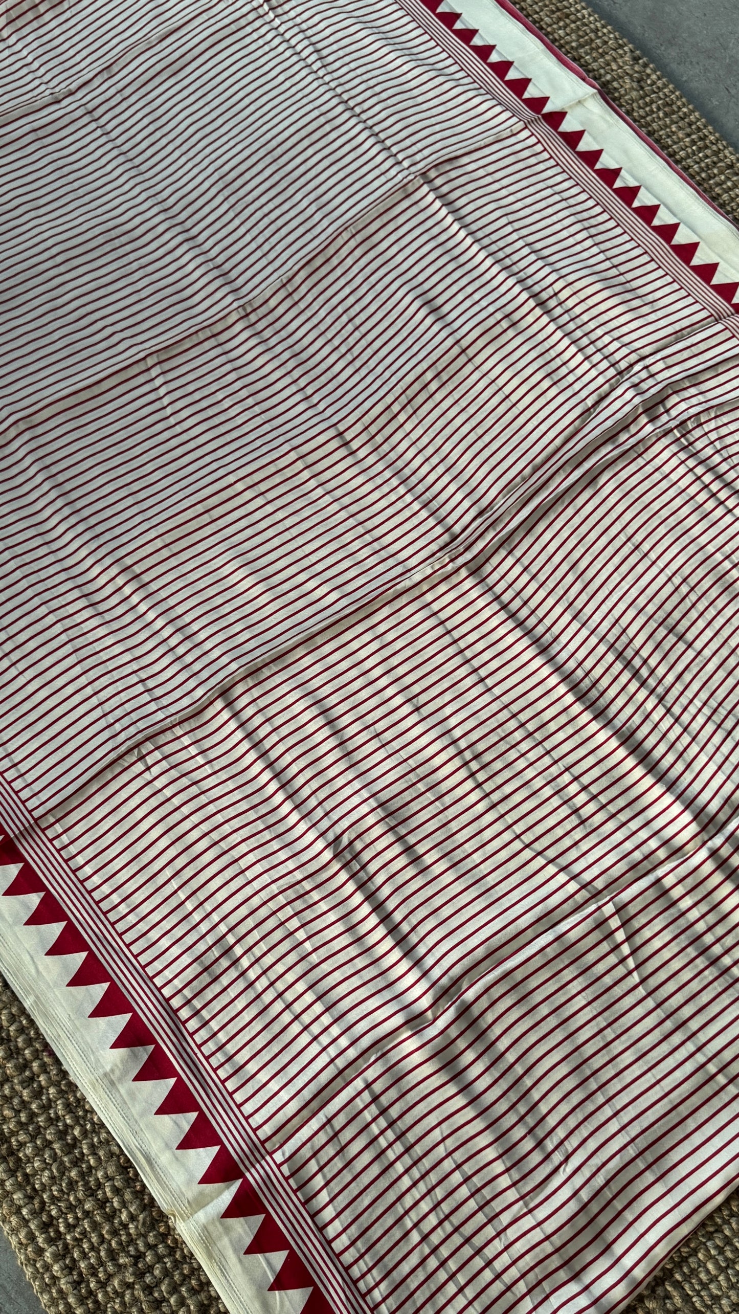 White and Maroon  Modal Satin Saree with Temple Printed Border & Circle Design Pallu