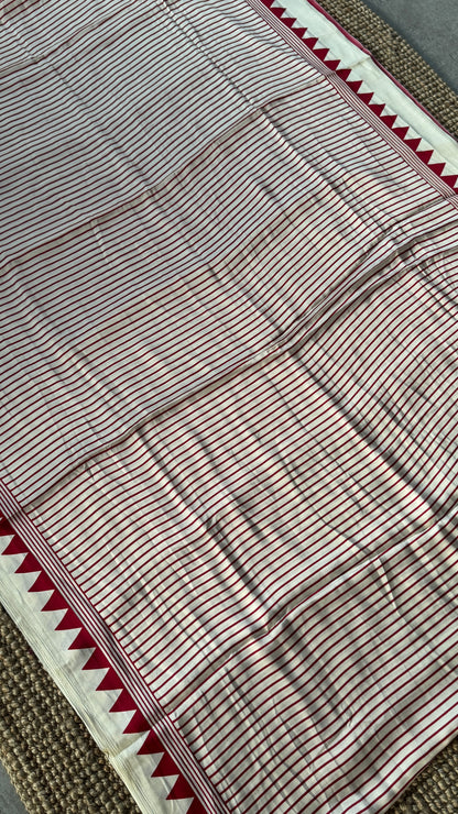 White and Maroon  Modal Satin Saree with Temple Printed Border & Circle Design Pallu