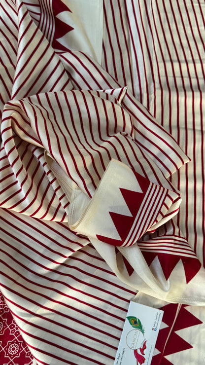 White and Maroon  Modal Satin Saree with Temple Printed Border & Circle Design Pallu