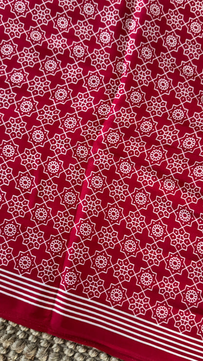 White and Maroon  Modal Satin Saree with Temple Printed Border & Circle Design Pallu