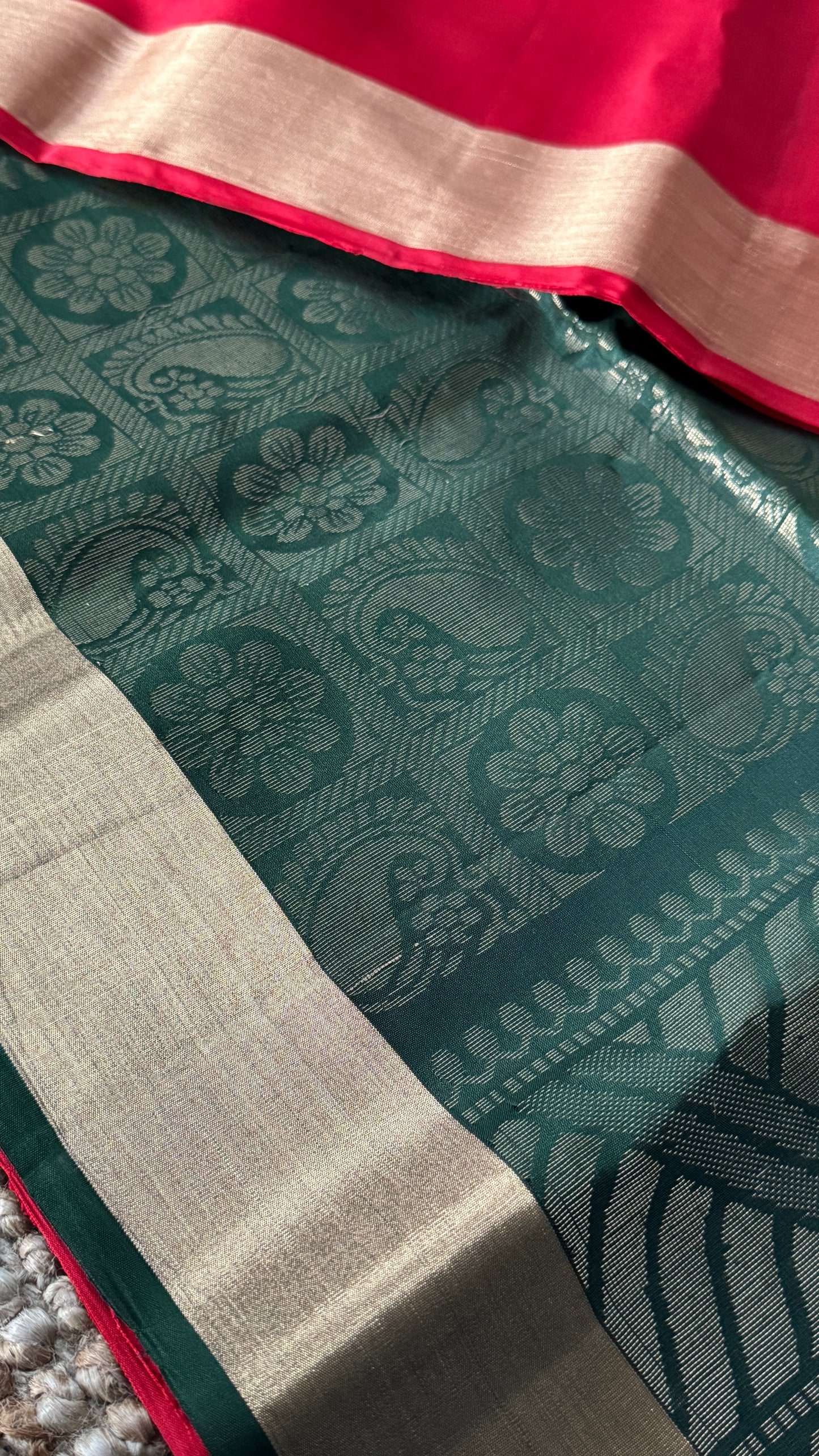 Red Pure Soft Silk Saree with Bottle Green Pallu | Silk Mark Certified