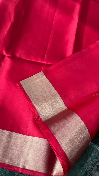 Red Pure Soft Silk Saree with Bottle Green Pallu | Silk Mark Certified