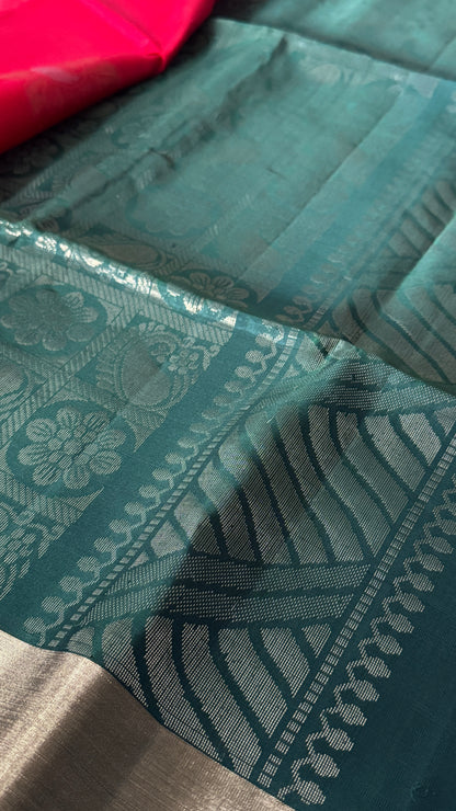 Red Pure Soft Silk Saree with Bottle Green Pallu | Silk Mark Certified