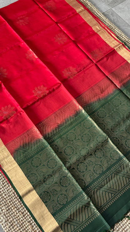 Red Pure Soft Silk Saree with Bottle Green Pallu | Silk Mark Certified