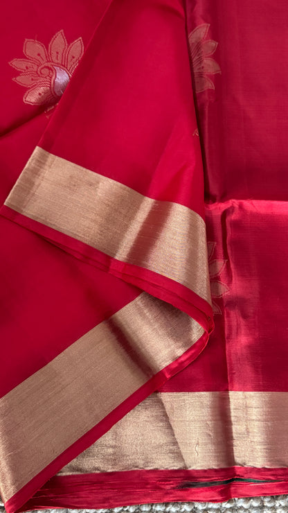 Red Pure Soft Silk Saree with Bottle Green Pallu | Silk Mark Certified