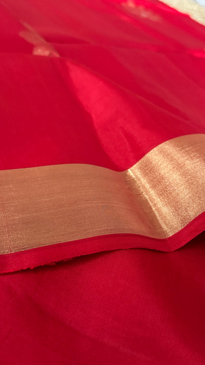 Red Pure Soft Silk Saree with Bottle Green Pallu | Silk Mark Certified