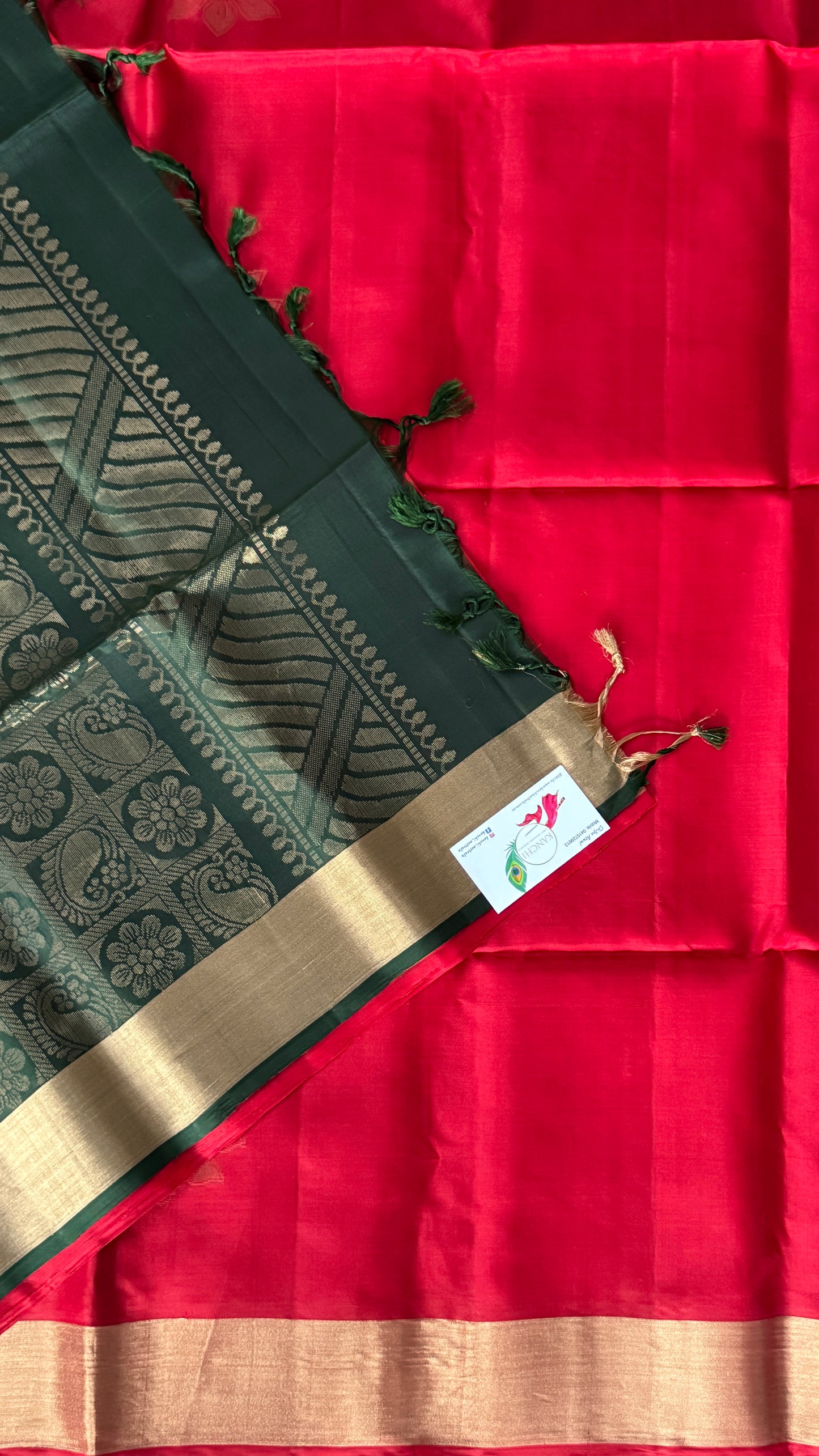 Red Pure Soft Silk Saree with Bottle Green Pallu | Silk Mark Certified