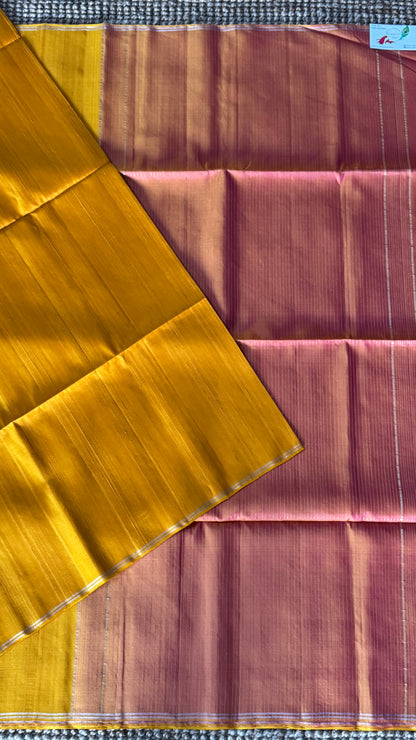 Mustard Yellow Pure Soft Silk Saree with Baby Pink Pallu | Silk Mark Certified
