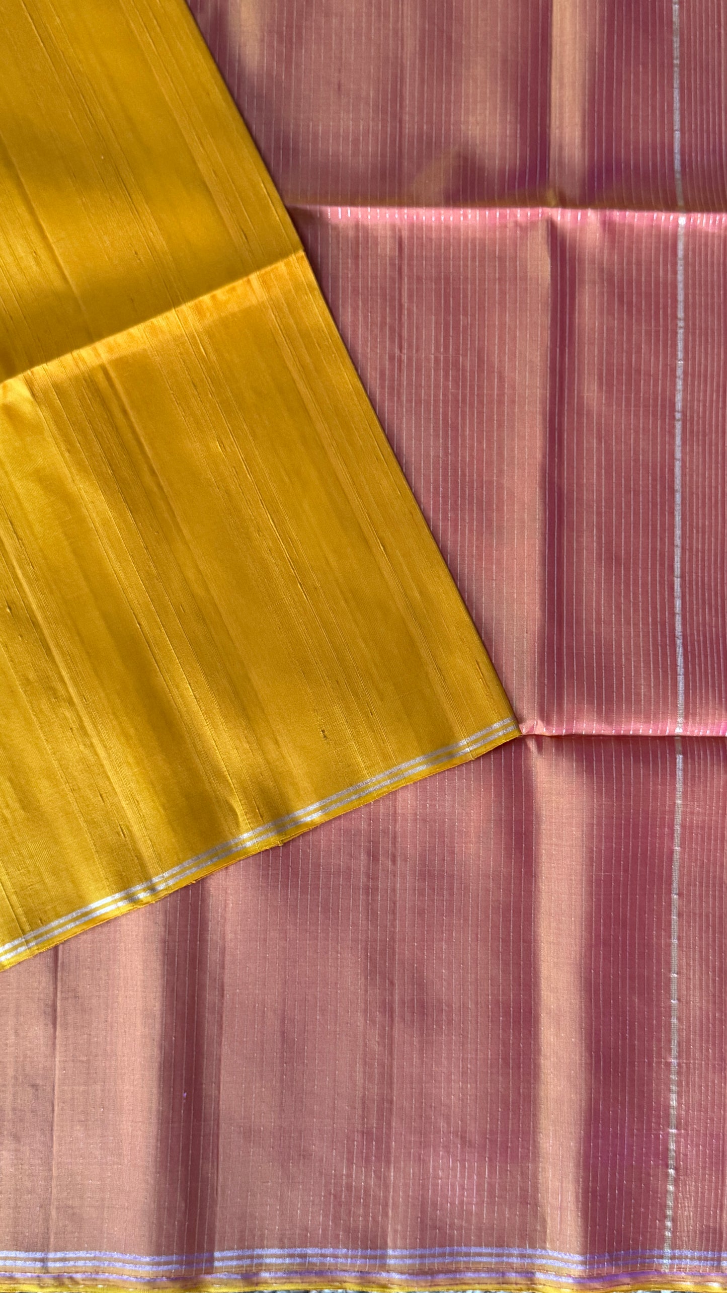 Mustard Yellow Pure Soft Silk Saree with Baby Pink Pallu | Silk Mark Certified