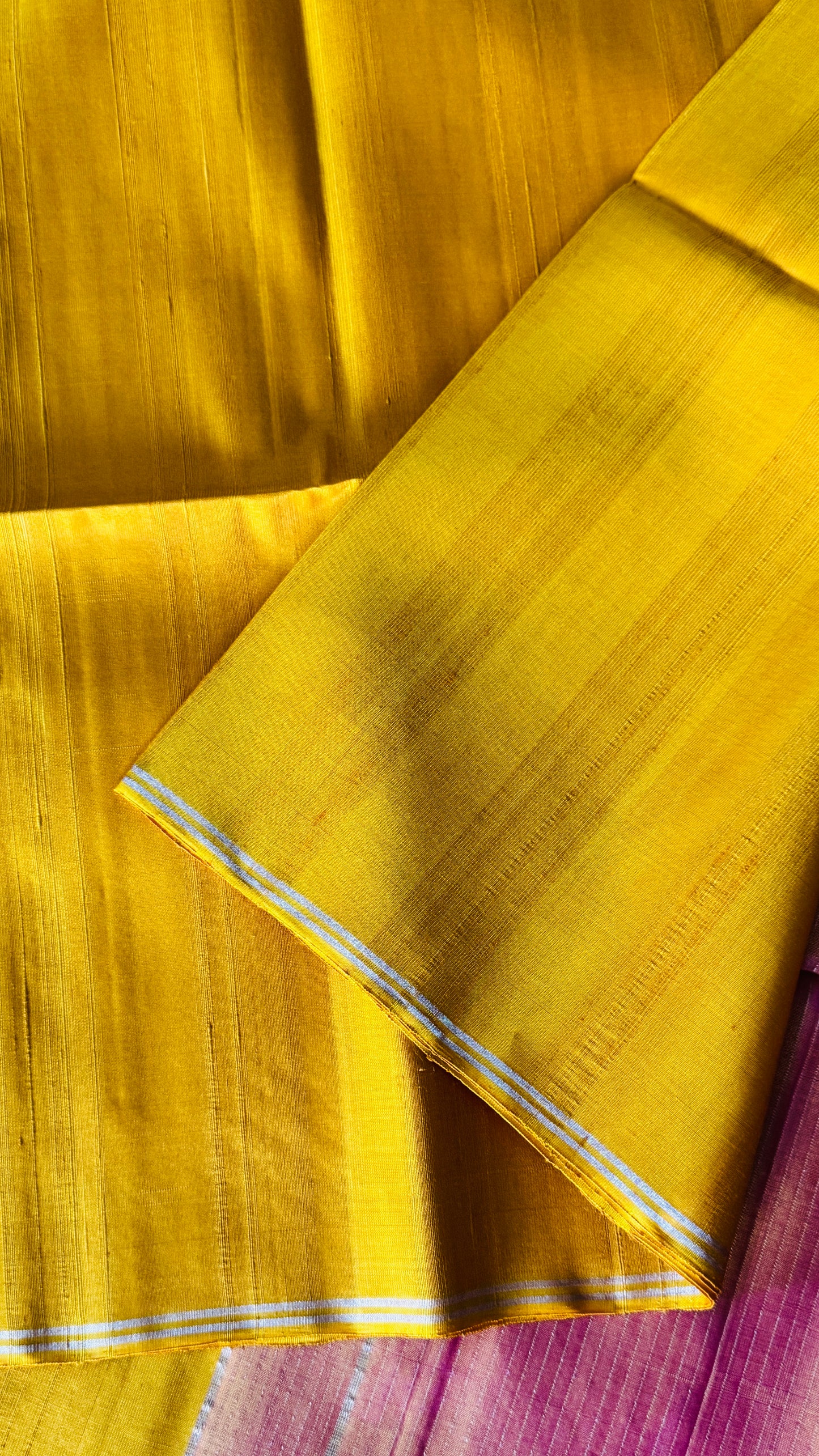 Mustard Yellow Pure Soft Silk Saree with Baby Pink Pallu | Silk Mark Certified
