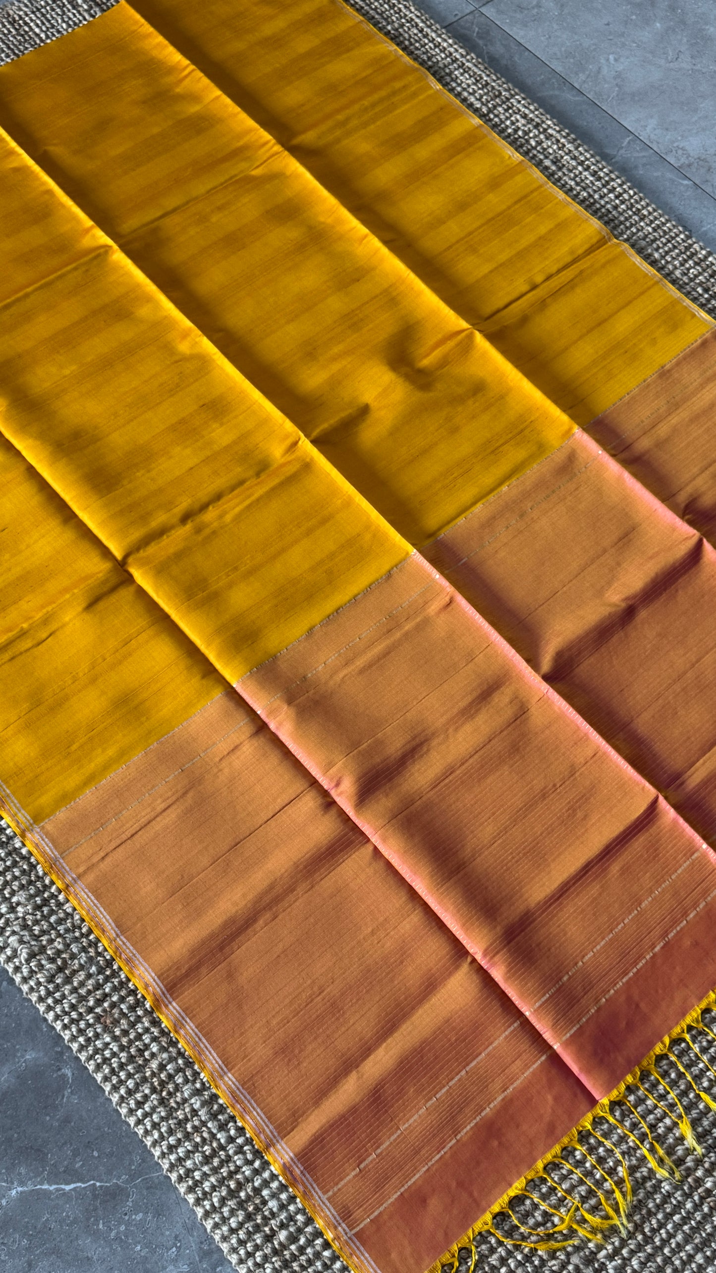 Mustard Yellow Pure Soft Silk Saree with Baby Pink Pallu | Silk Mark Certified