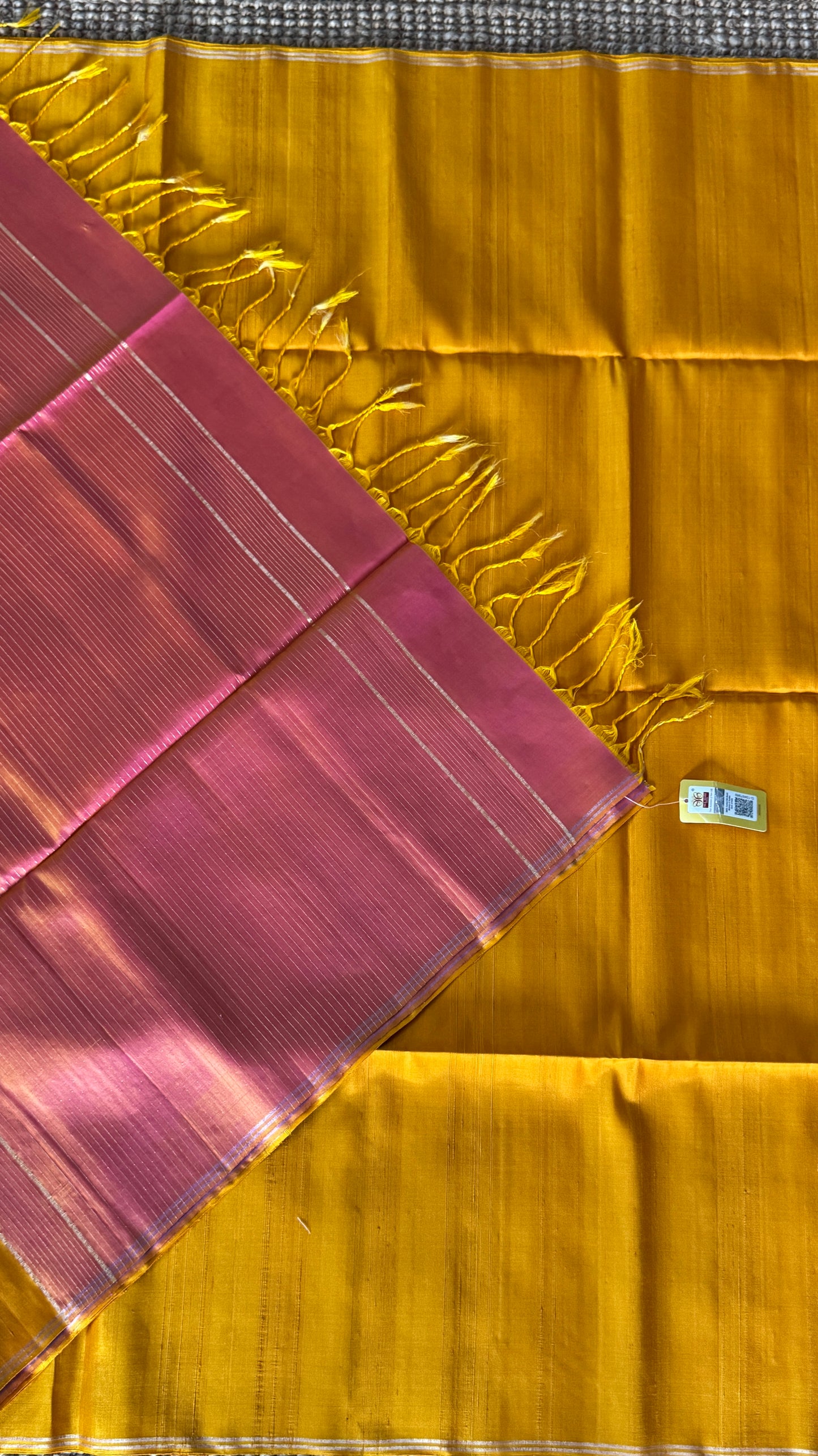 Mustard Yellow Pure Soft Silk Saree with Baby Pink Pallu | Silk Mark Certified
