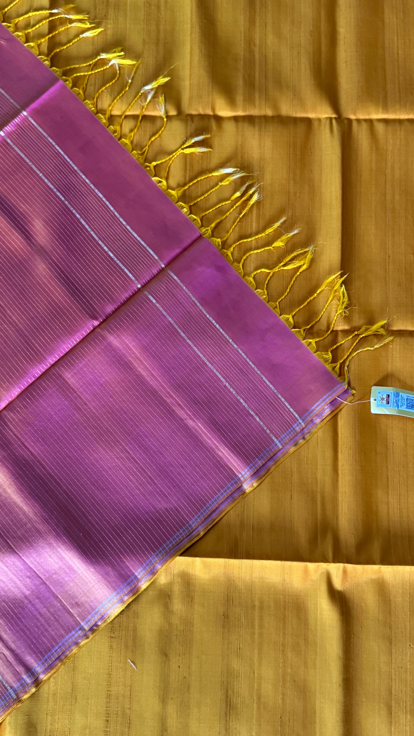 Mustard Yellow Pure Soft Silk Saree with Baby Pink Pallu | Silk Mark Certified