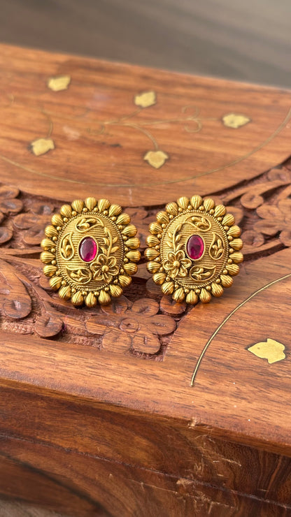 Antique Gold Plated Stud Earrings - Oval