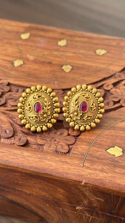 Antique Gold Plated Stud Earrings - Oval