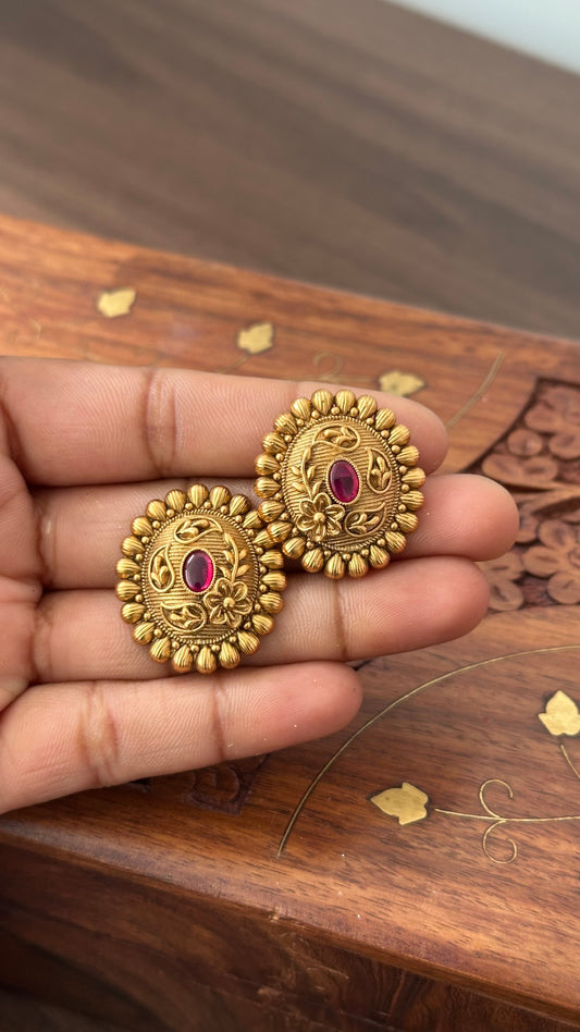Antique Gold Plated Stud Earrings - Oval