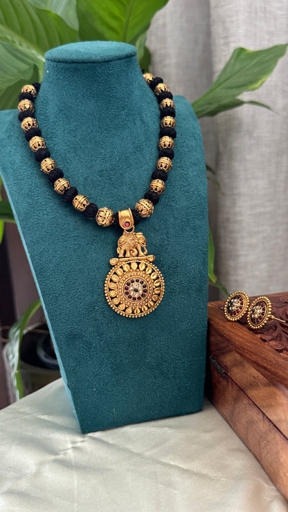 Elephant Black Bead Thread Necklace