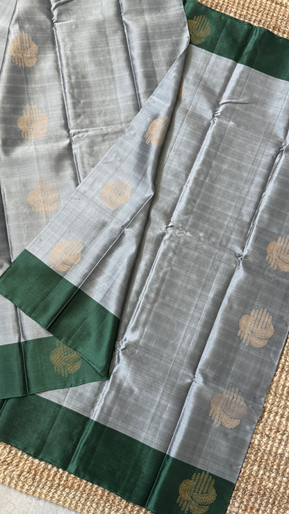 Pure Handloom Soft Silk Saree – Grey and Bottle Green