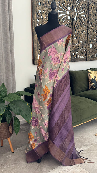 Floral Printed Pure Tussar Silk Saree - Sage Grey | Silk Mark Certified - TP001