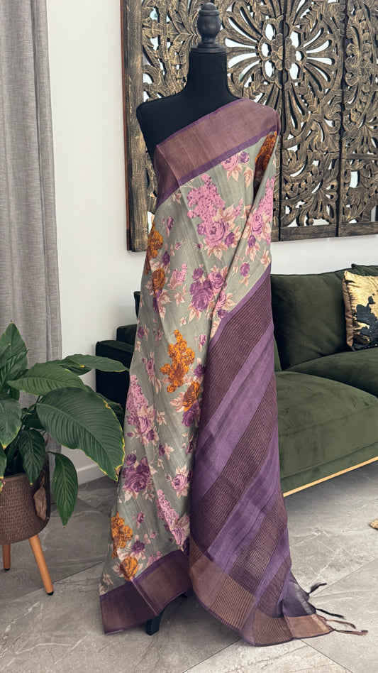 Floral Printed Pure Tussar Silk Saree - Sage Grey | Silk Mark Certified - TP001
