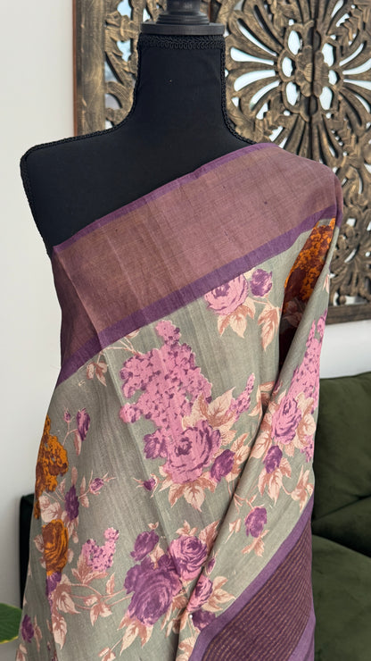 Floral Printed Pure Tussar Silk Saree - Sage Grey | Silk Mark Certified - TP001