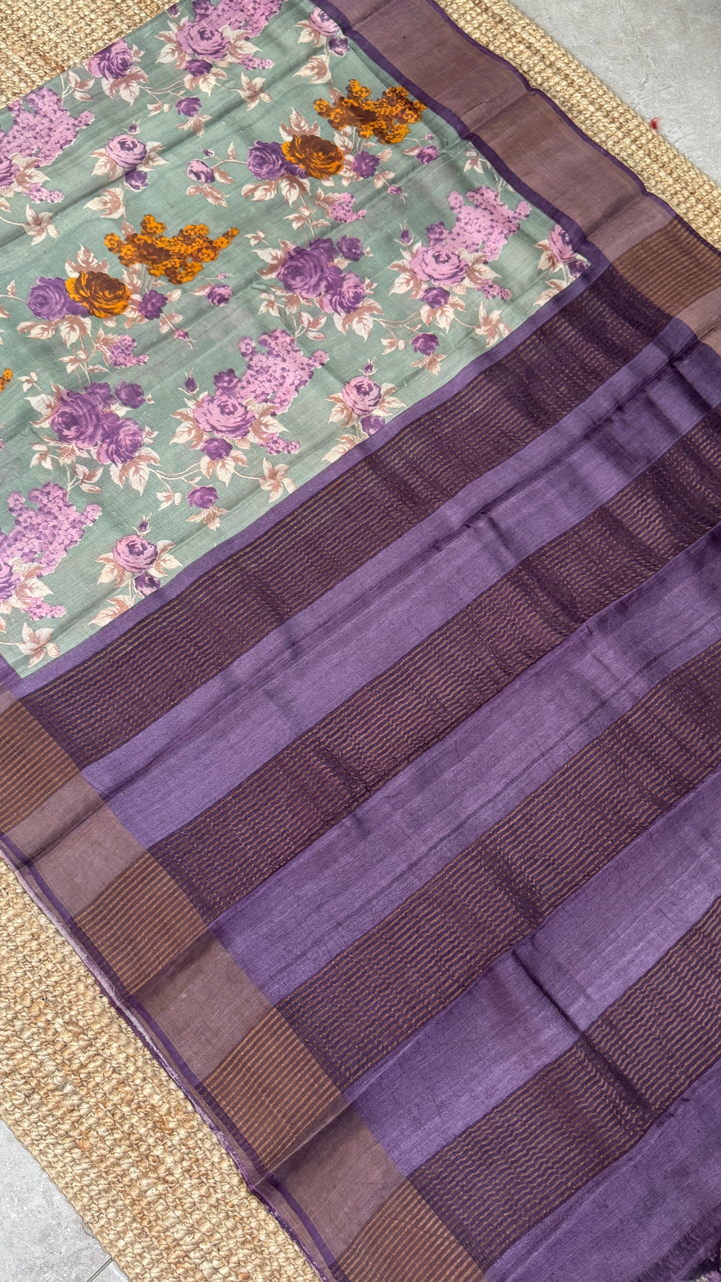 Floral Printed Pure Tussar Silk Saree - Sage Grey | Silk Mark Certified - TP001