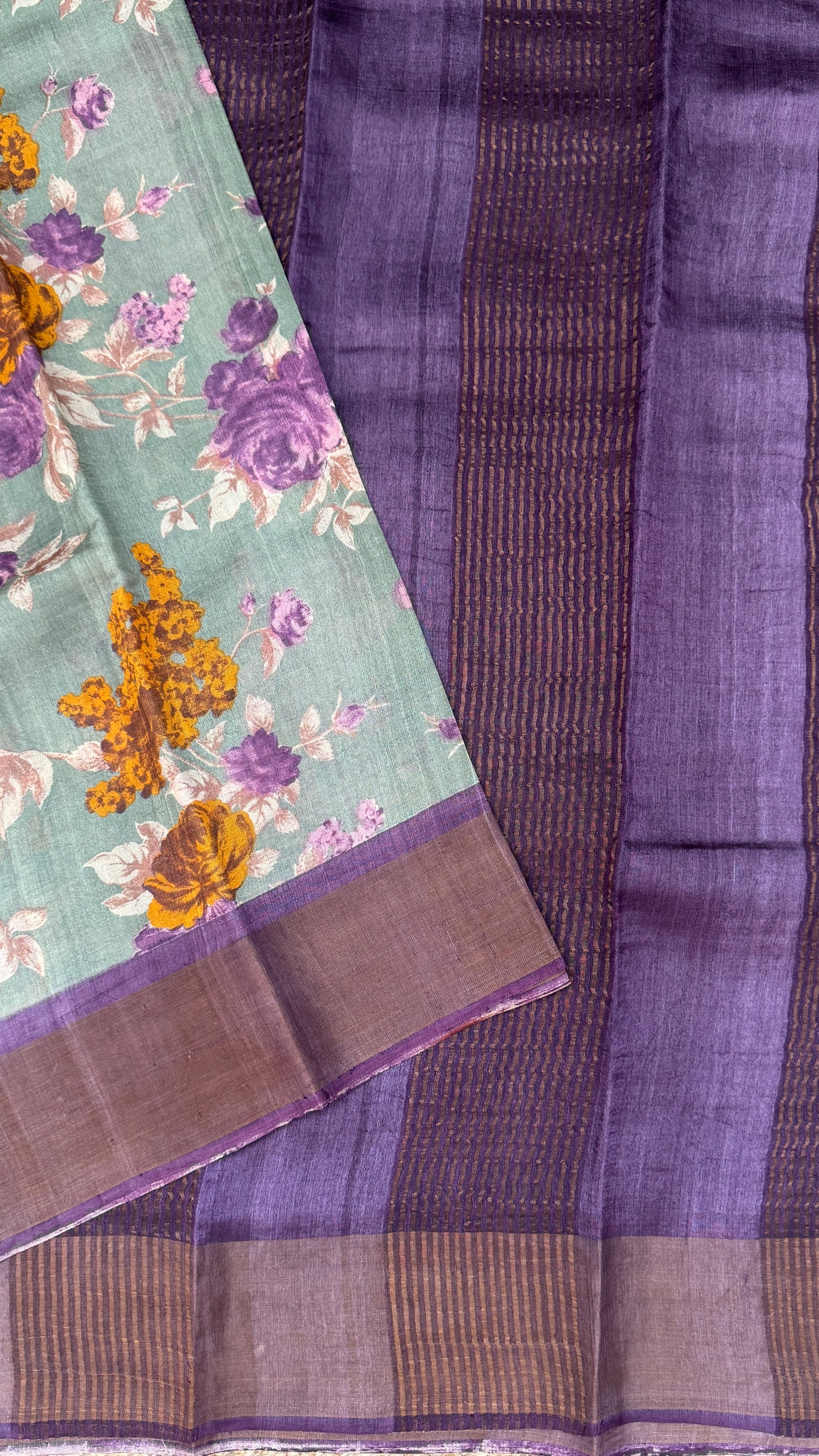 Floral Printed Pure Tussar Silk Saree - Sage Grey | Silk Mark Certified - TP001