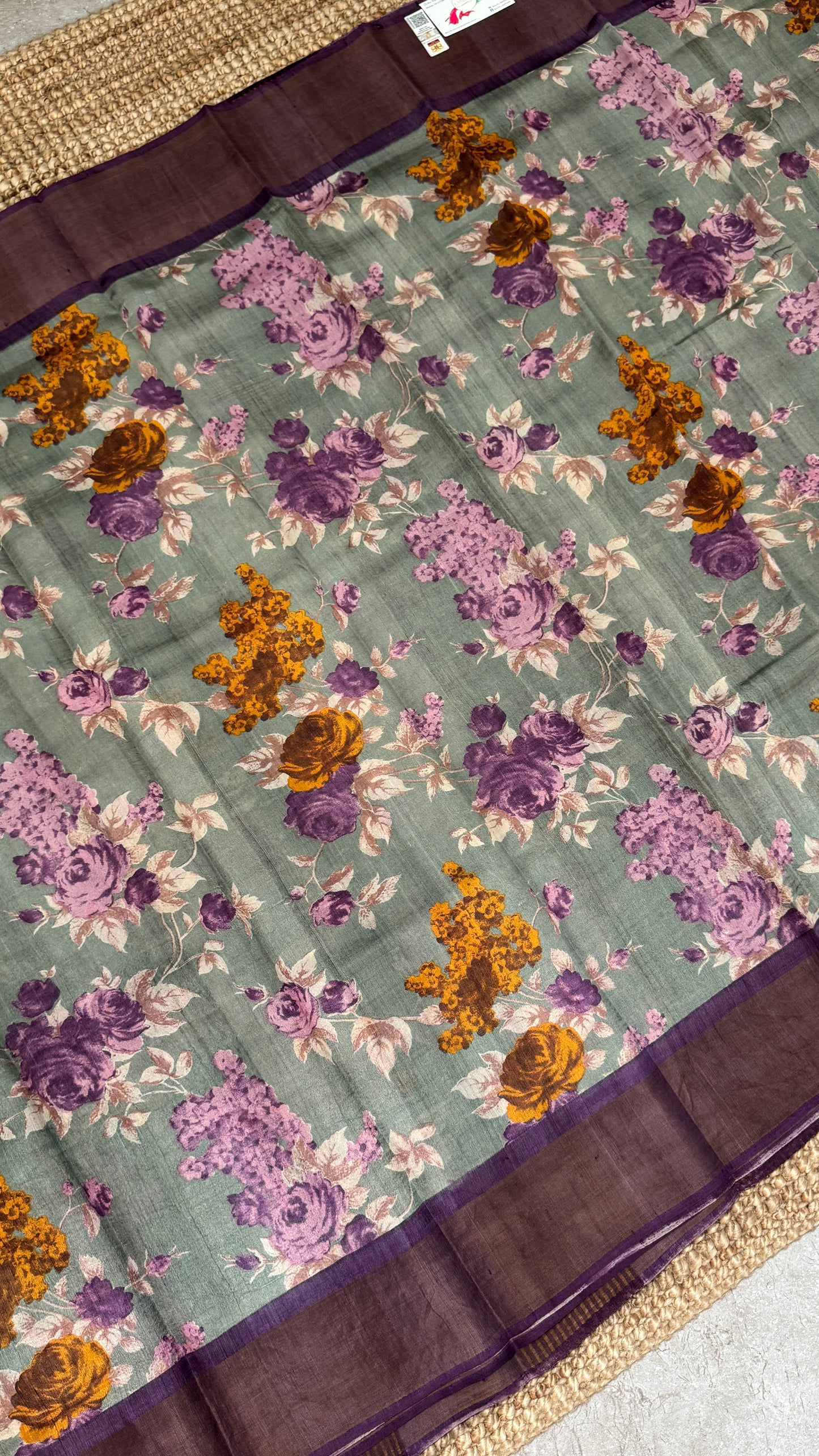 Floral Printed Pure Tussar Silk Saree - Sage Grey | Silk Mark Certified - TP001