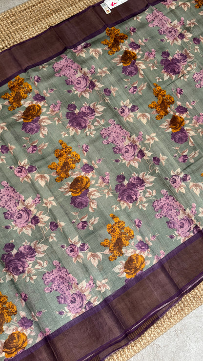 Floral Printed Pure Tussar Silk Saree - Sage Grey | Silk Mark Certified - TP001
