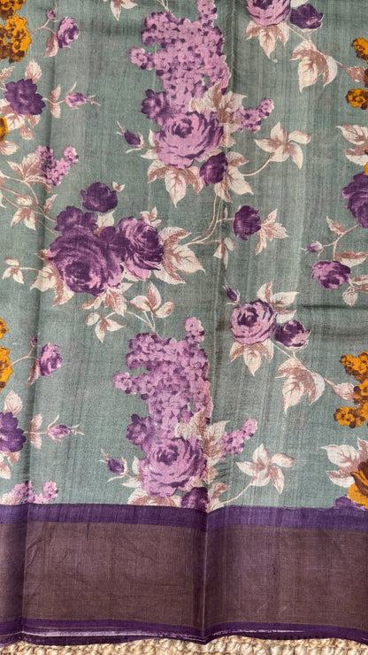 Floral Printed Pure Tussar Silk Saree - Sage Grey | Silk Mark Certified - TP001