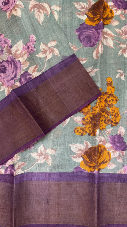 Floral Printed Pure Tussar Silk Saree - Sage Grey | Silk Mark Certified - TP001