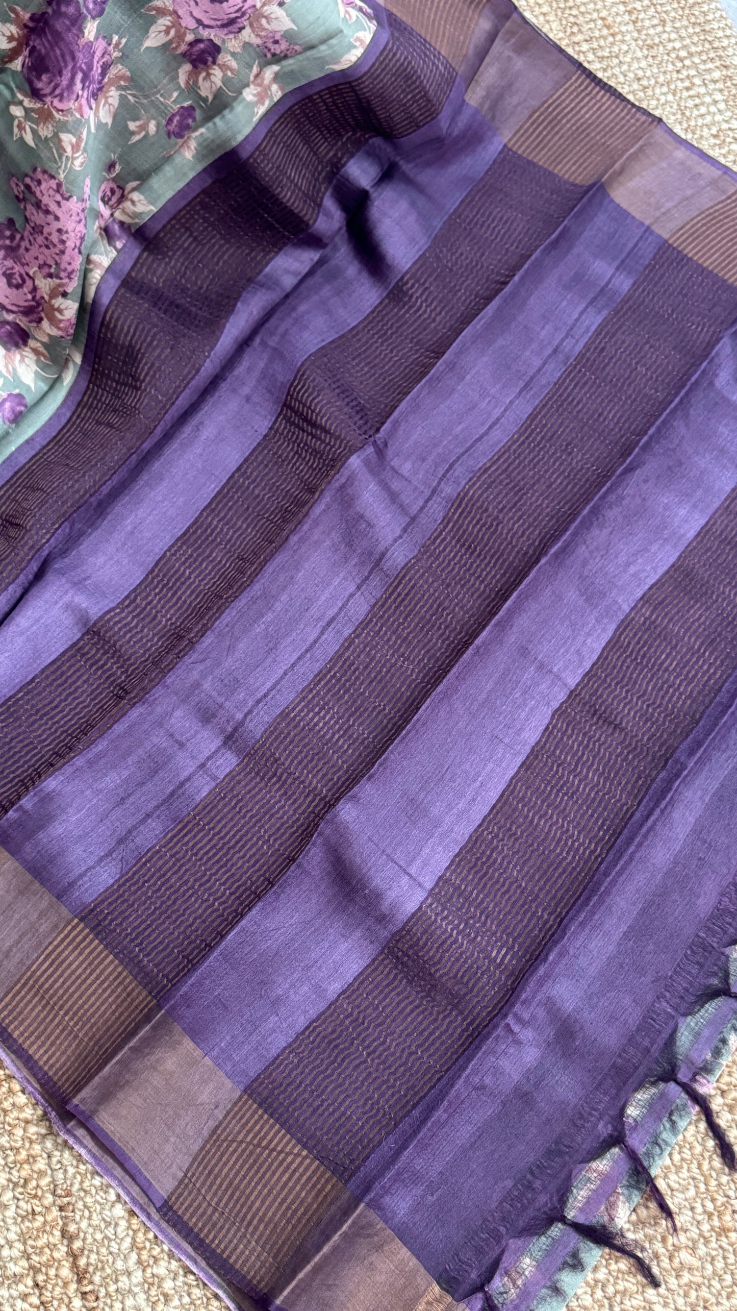 Floral Printed Pure Tussar Silk Saree - Sage Grey | Silk Mark Certified - TP001