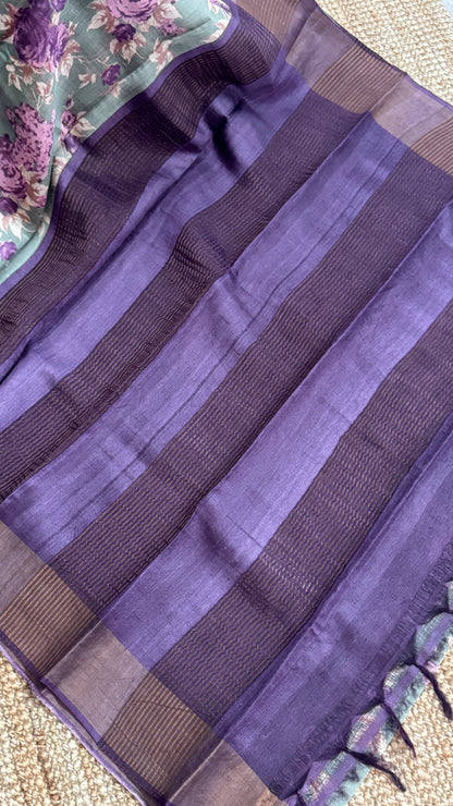 Floral Printed Pure Tussar Silk Saree - Sage Grey | Silk Mark Certified - TP001
