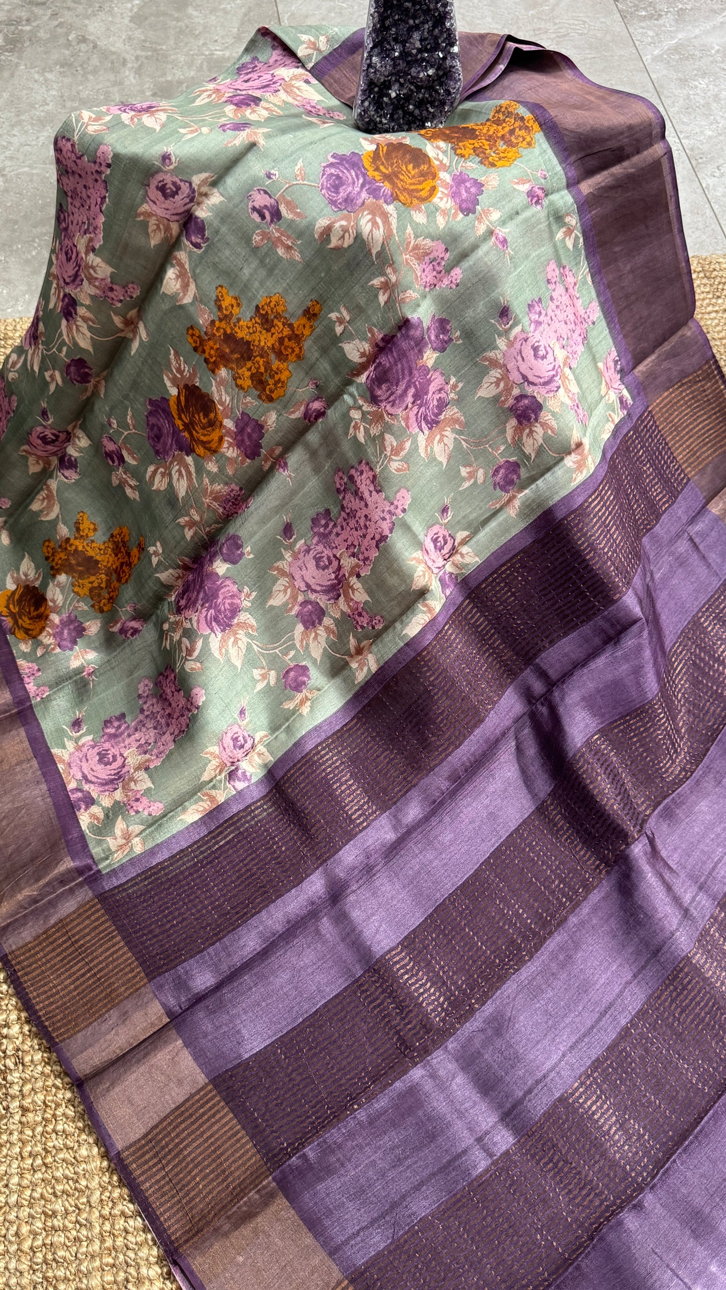 Floral Printed Pure Tussar Silk Saree - Sage Grey | Silk Mark Certified - TP001