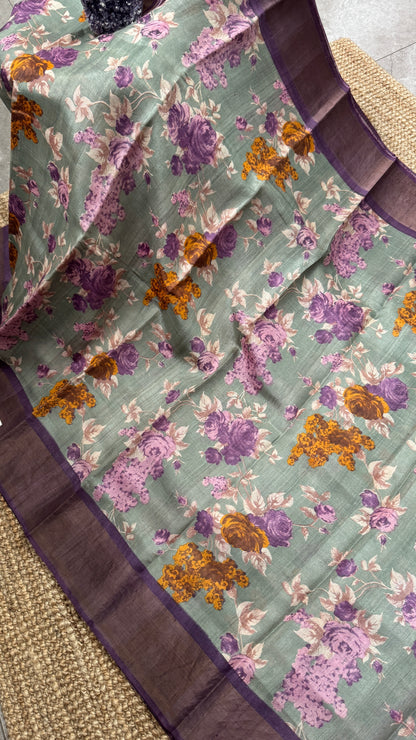 Floral Printed Pure Tussar Silk Saree - Sage Grey | Silk Mark Certified - TP001
